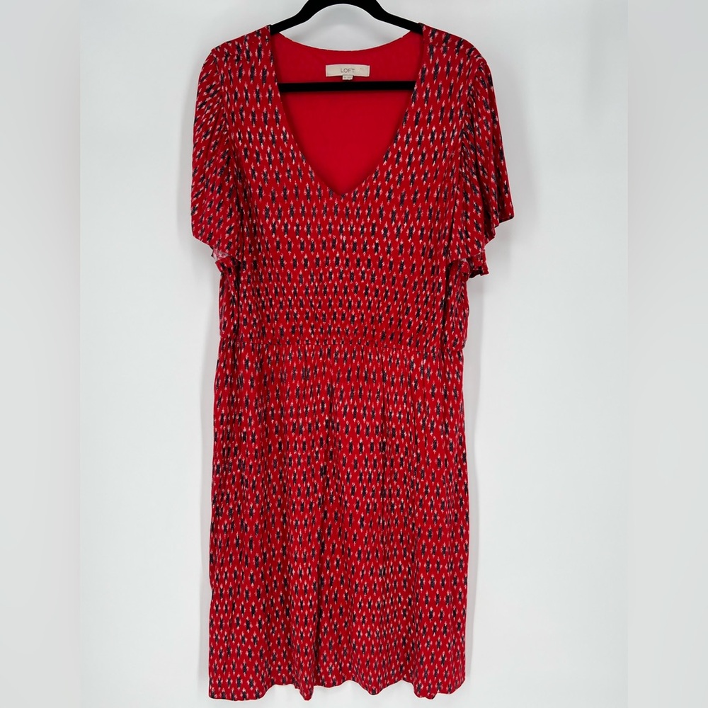 LOFT red, white, and‎ black short-sleeved dress with an elastic waist